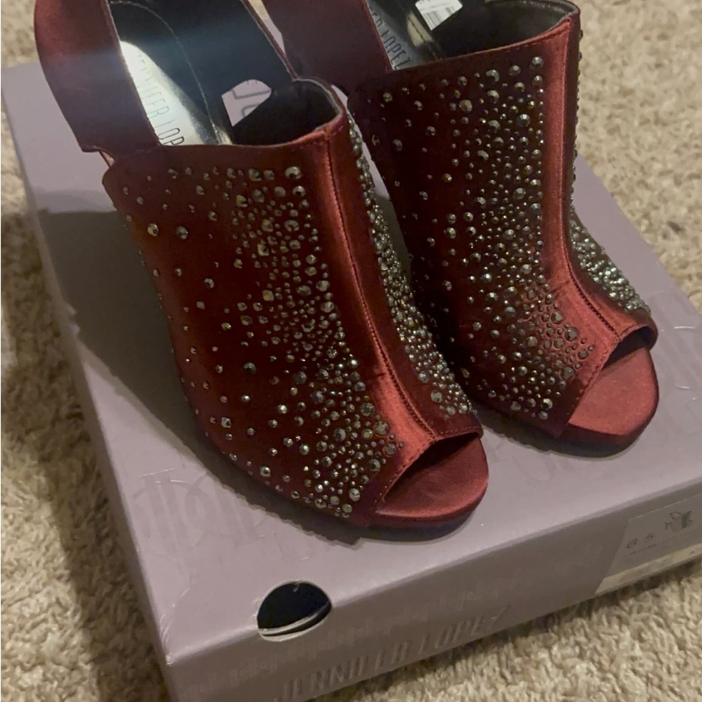 Elegant Red Peep-Toe Heels with Rhinestones